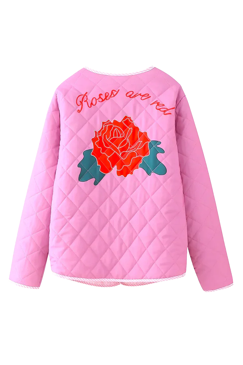 Pink - Women's pink diamond-quilted jacket featuring large red rose appliqués, striped tie-front closures, and matching piped edges, worn over a white top and pink striped shorts.