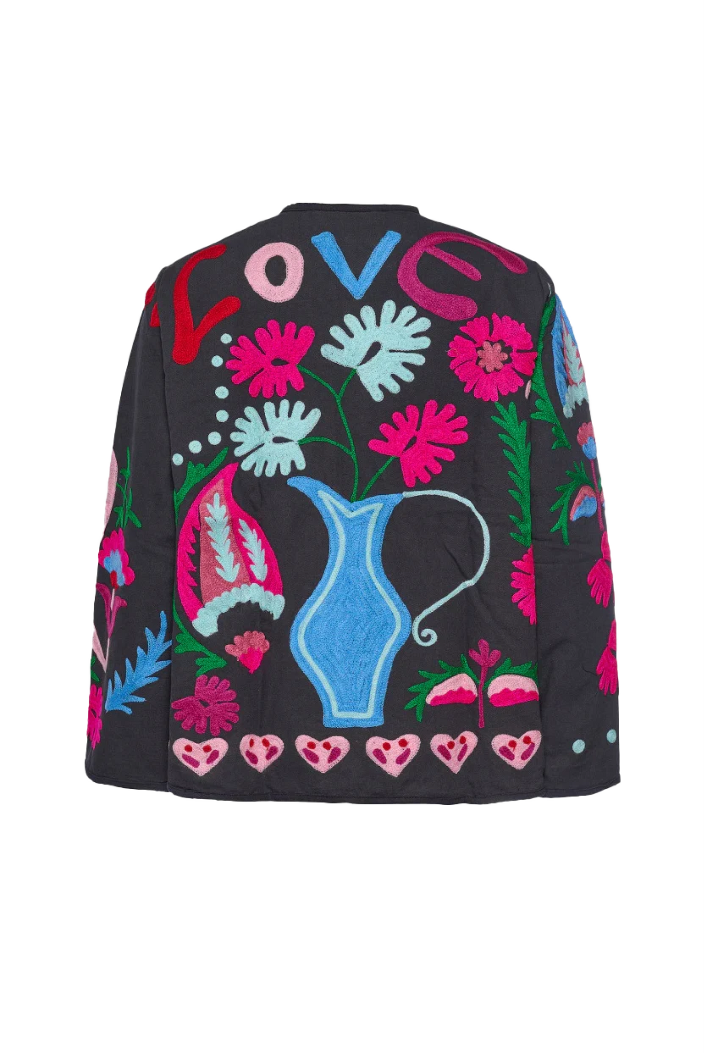 Black - Women's pink long-sleeve relaxed-fit jacket featuring vibrant multi-coloured floral and geometric embroidery, a V-neckline, large contrasting buttons, and front patch pockets.