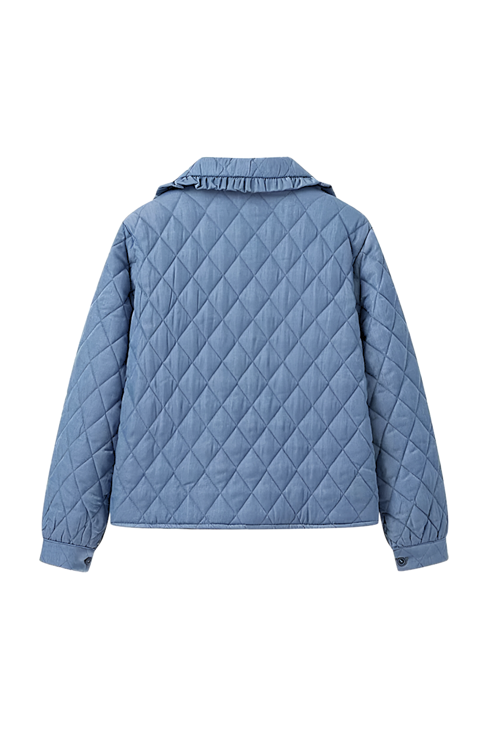 Women's blue diamond-quilted denim jacket featuring a ruffled collar, tie-front closure, and voluminous balloon sleeves, styled with distressed shorts and cowboy boots.