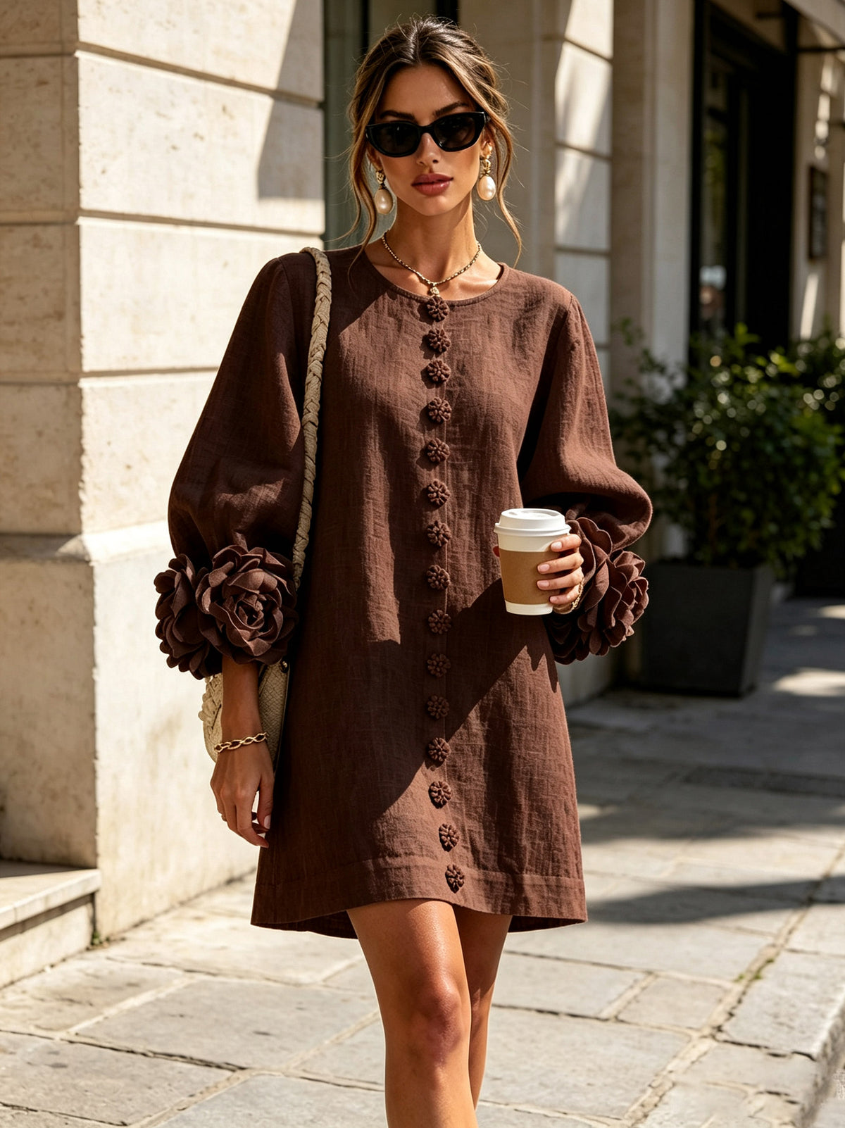 Long Balloon Sleeve 3D Flower Mini Dress