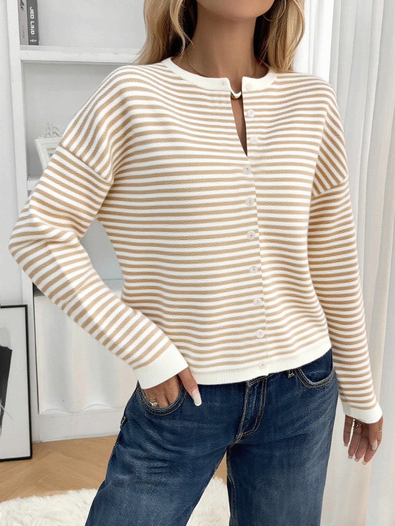 Karki - Women's smart casual relaxed knit cardigan featuring tan and white horizontal stripes, a button-front closure, and drop shoulders.