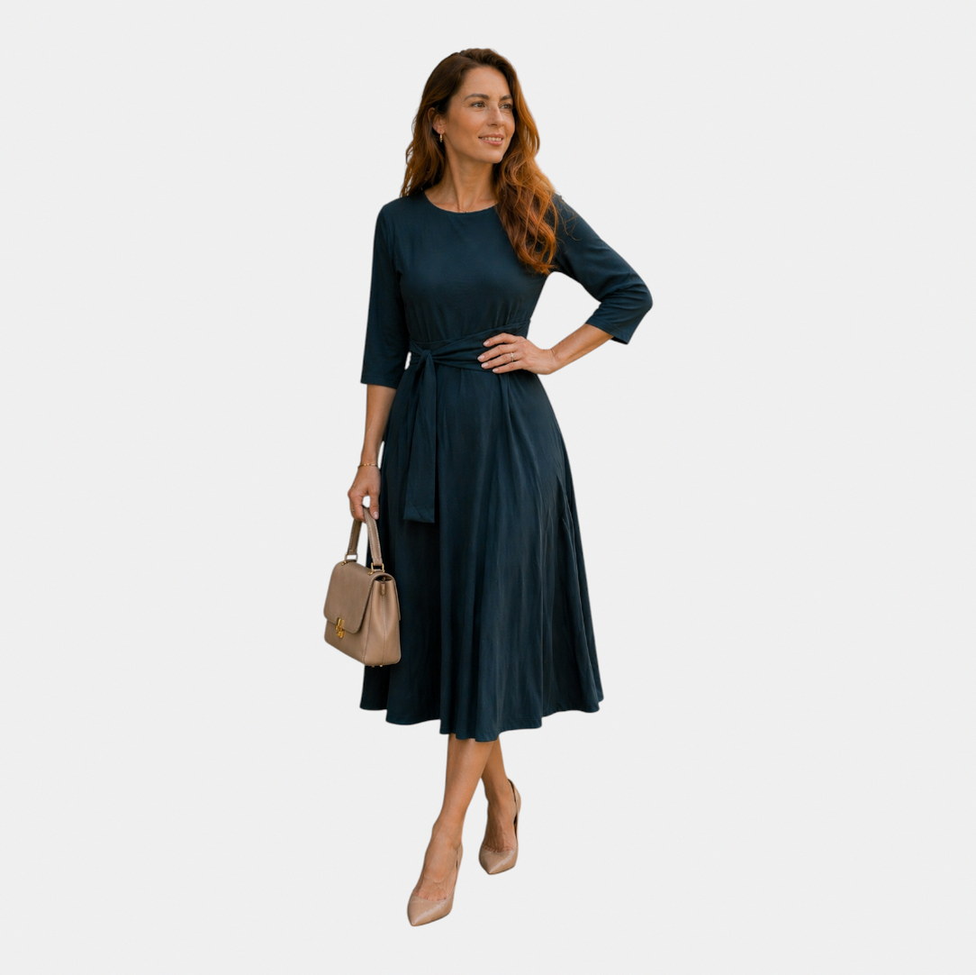 Belted 3/4 Sleeve Midi Dress