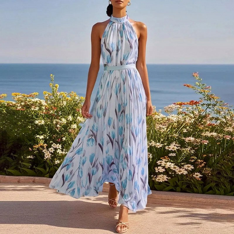 Floral High Neck Pleated Maxi Dress