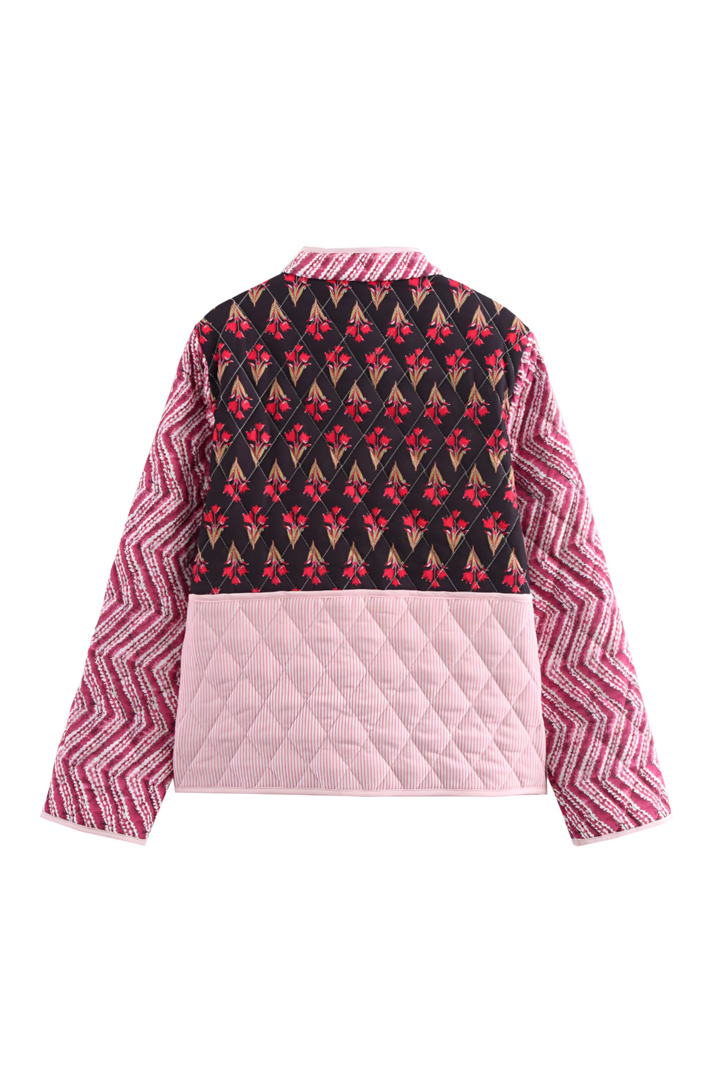 Woman wearing a quilted patchwork jacket featuring mixed floral and chevron prints, paired with a white maxi skirt.