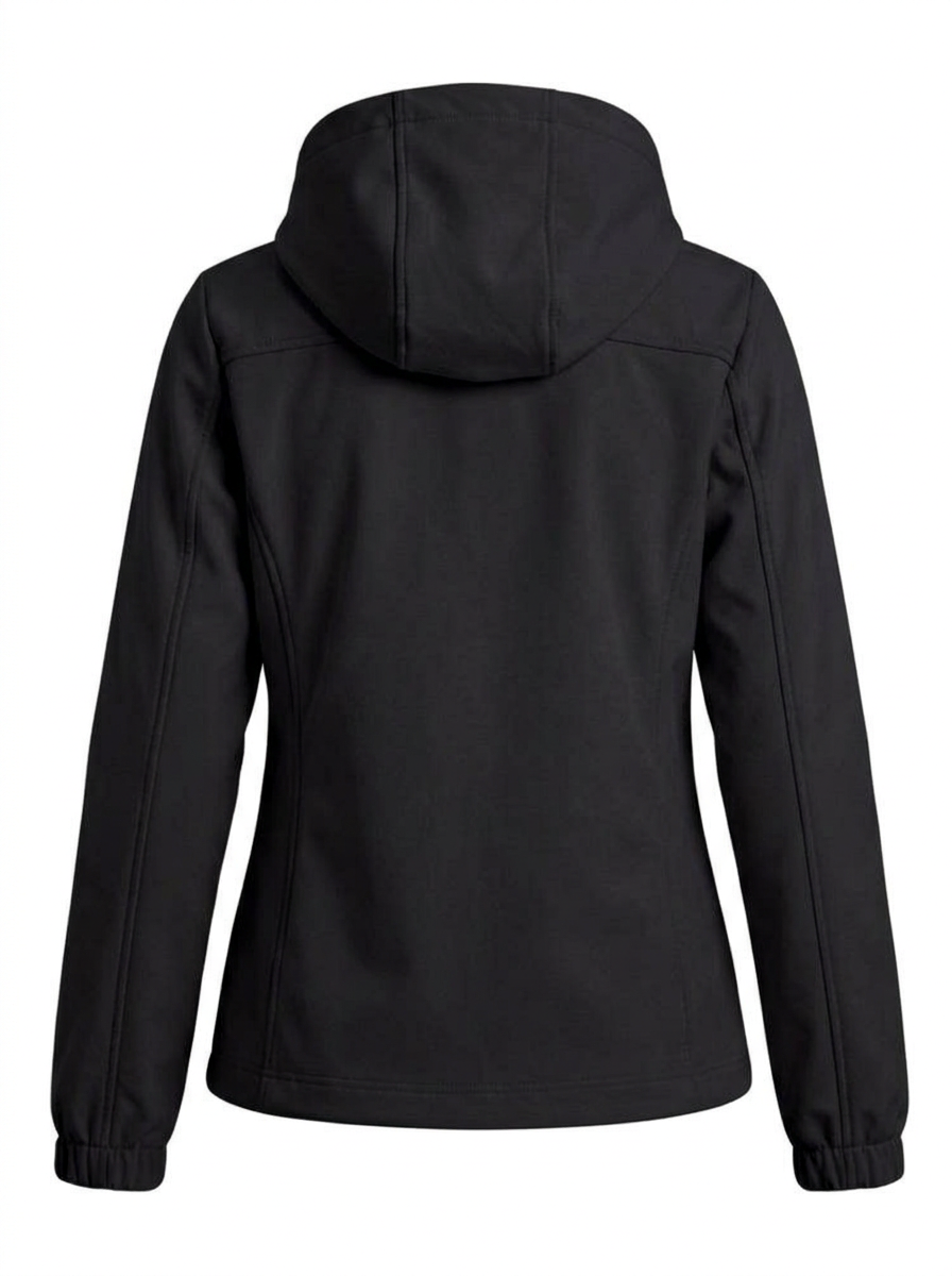 Black - A woman wearing a cream-coloured structured hooded jacket with a contrast black front zipper, elasticised cuffs, and side pockets, paired with black pants.