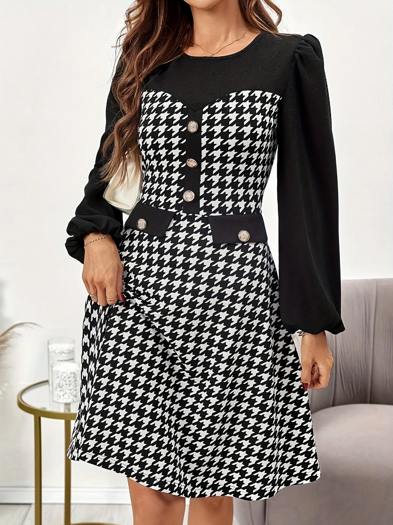 Houndstooth Long Sleeve Mini Dress