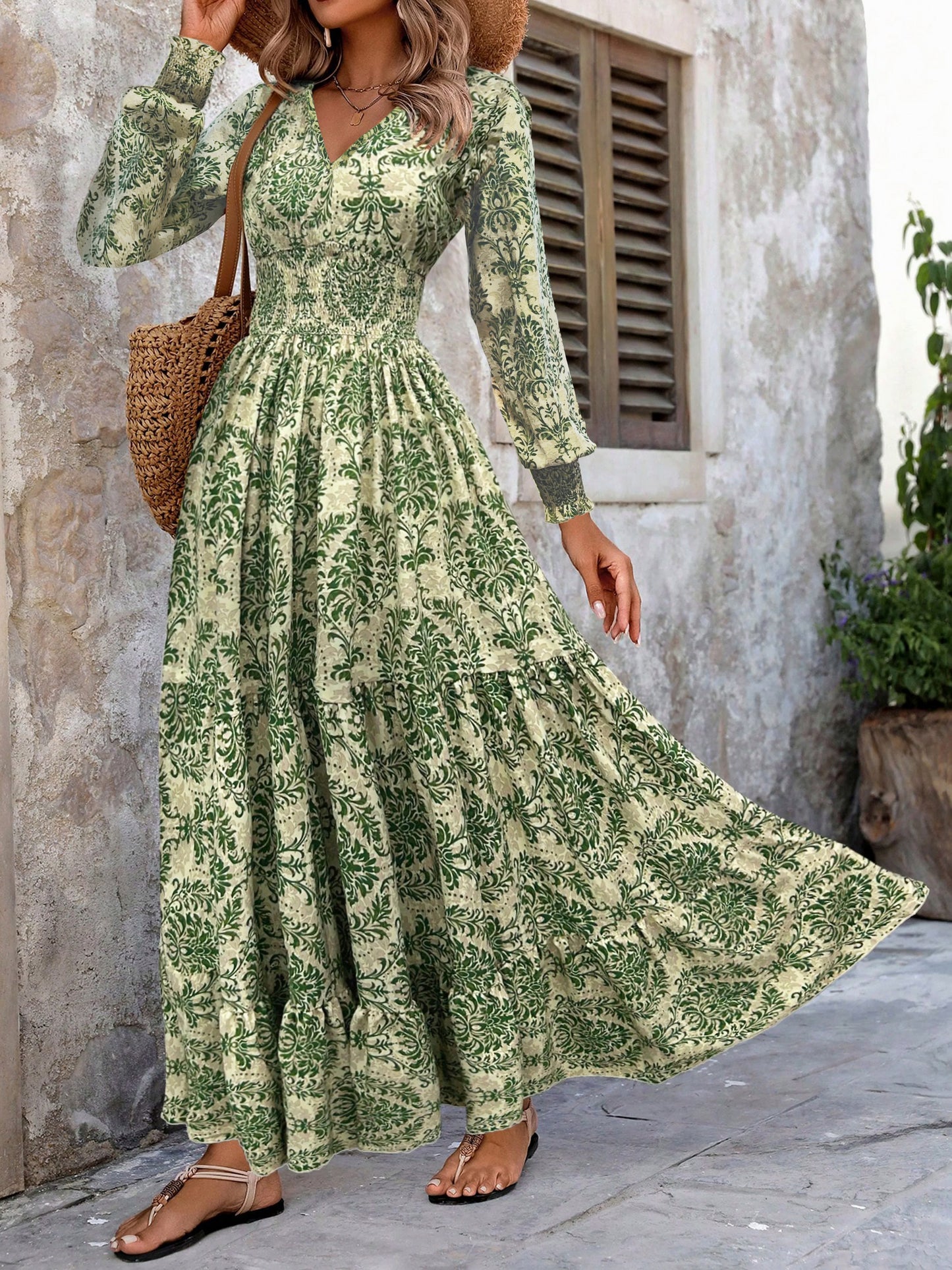 Damask Long Sleeve Maxi Dress