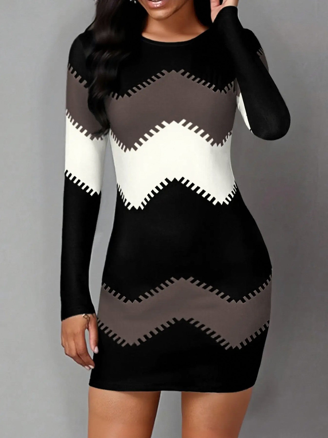 Knit Chevron Long Sleeve Mini Dress