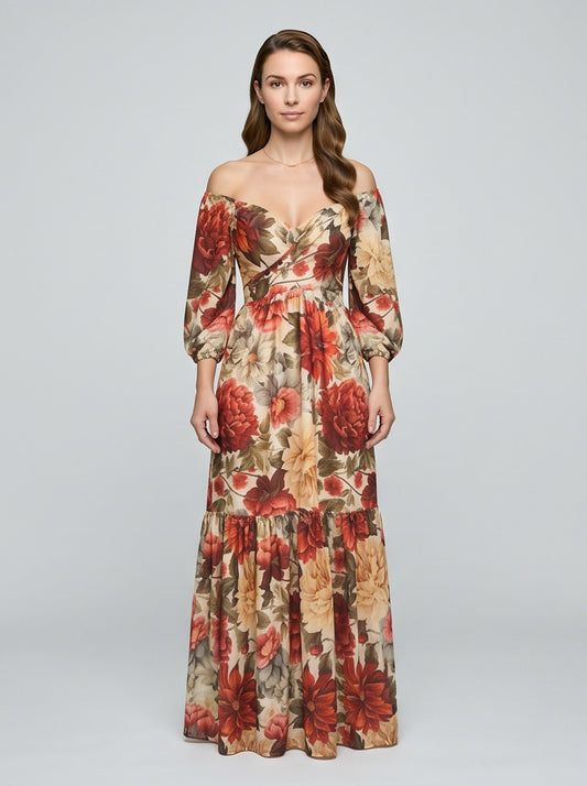 Georgette Floral Off Shoulder Maxi Dress