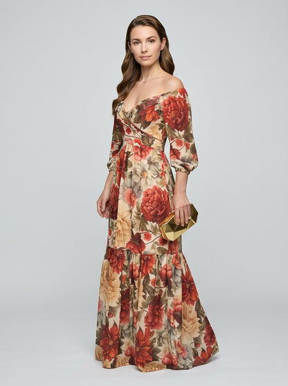 Georgette Floral Off Shoulder Maxi Dress