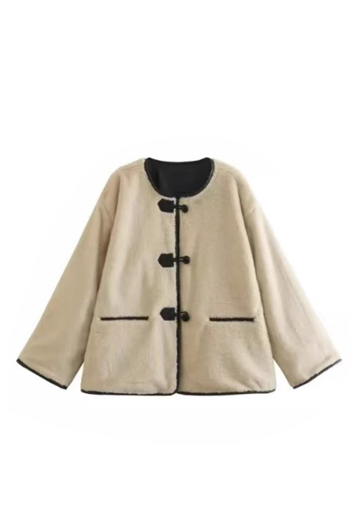 Khaki - Women's heavyweight cream faux shearling jacket featuring a collarless neckline, black toggle closures, contrast black piping, and an oversized fit.