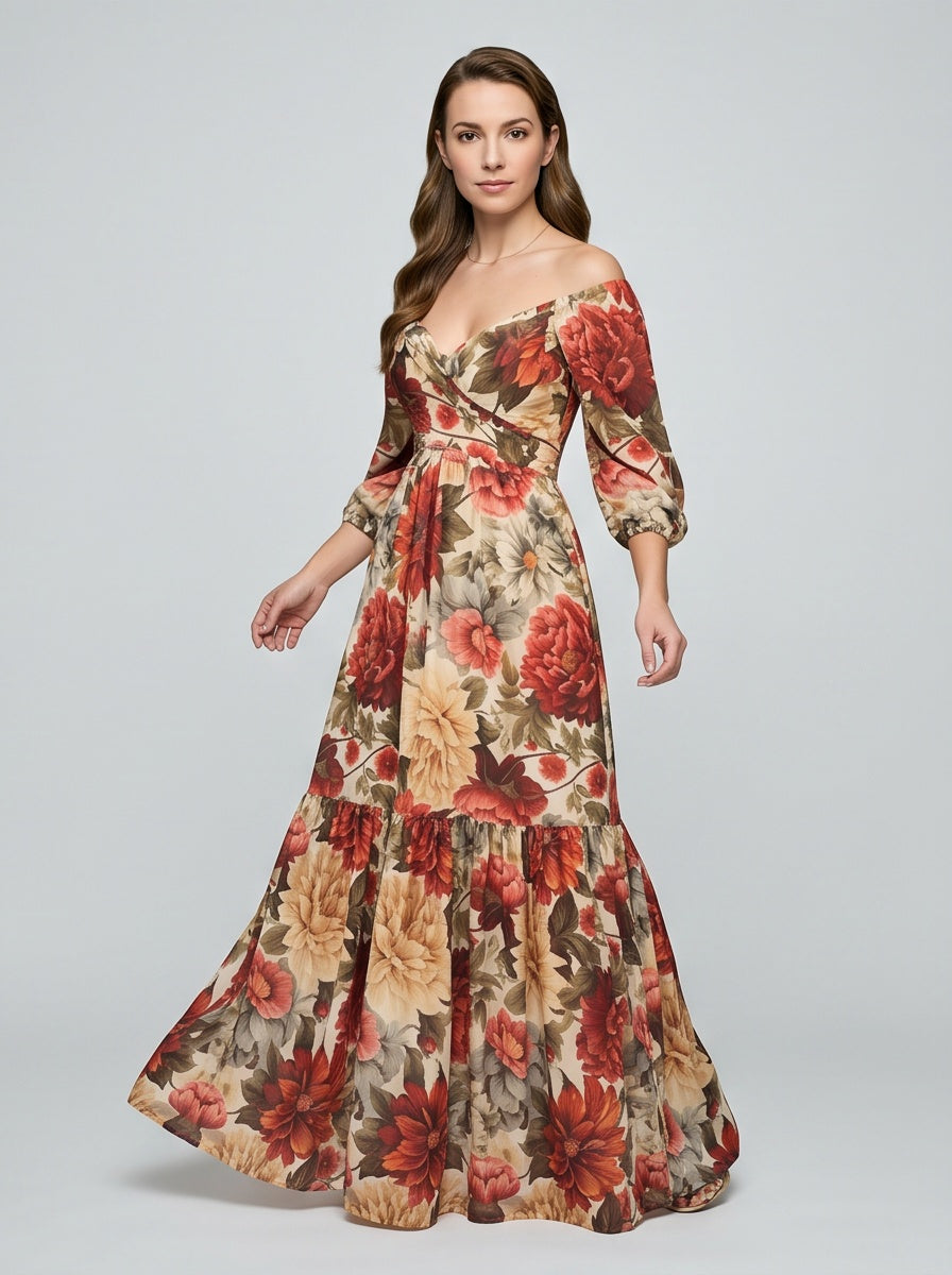 Georgette Floral Off Shoulder Maxi Dress