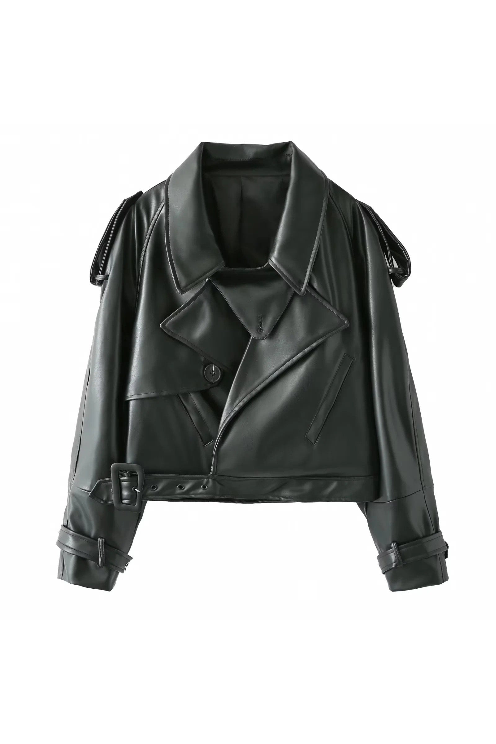 Dark Green - Woman wearing an oversized burgundy faux leather moto jacket with exaggerated shoulders, wide collar, and belted cuffs, styled in a chic city setting.