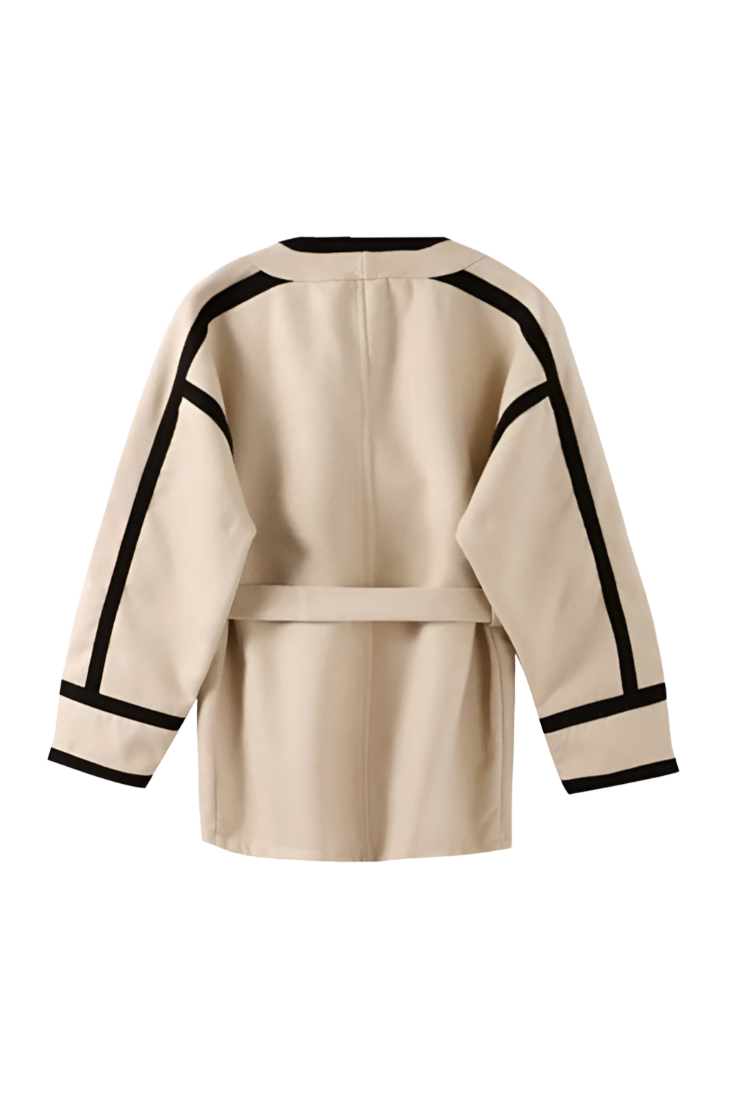 Khaki - A woman wearing a tan collarless wrap jacket with bold black contrast trim and a self-tie belt, layered over a blue striped shirt and jeans.