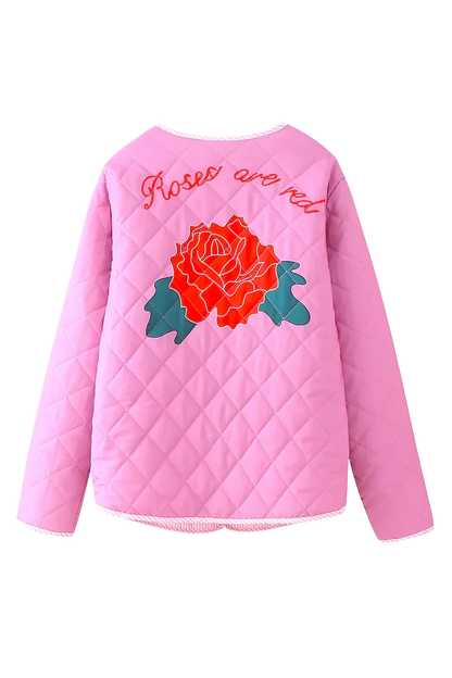 Pink - Women's pink diamond-quilted jacket featuring large red rose appliqués, striped tie-front closures, and matching piped edges, worn over a white top and pink striped shorts.