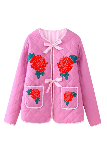 Pink - Women's pink diamond-quilted jacket featuring large red rose appliqués, striped tie-front closures, and matching piped edges, worn over a white top and pink striped shorts.