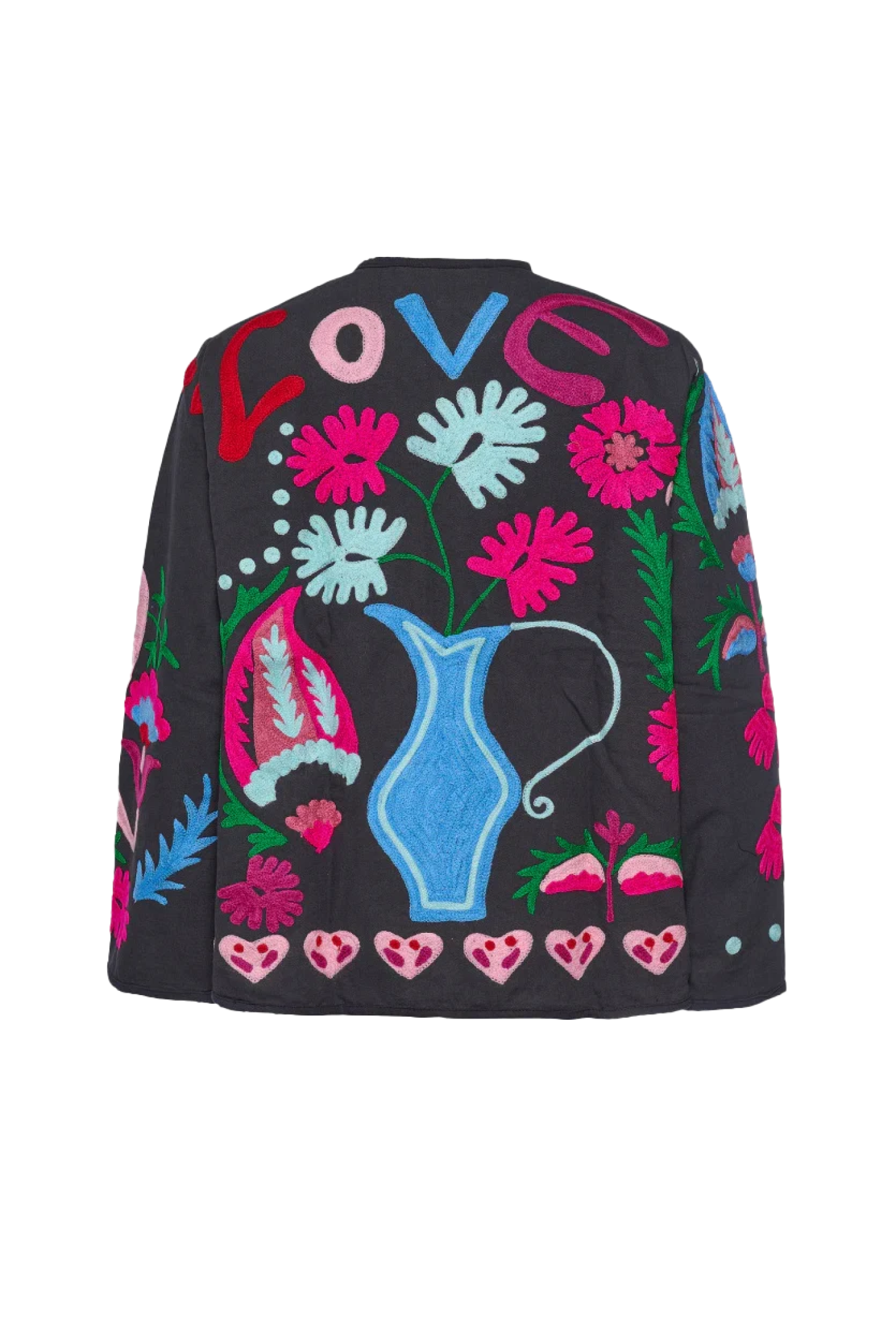 Black - Women's pink long-sleeve relaxed-fit jacket featuring vibrant multi-coloured floral and geometric embroidery, a V-neckline, large contrasting buttons, and front patch pockets.