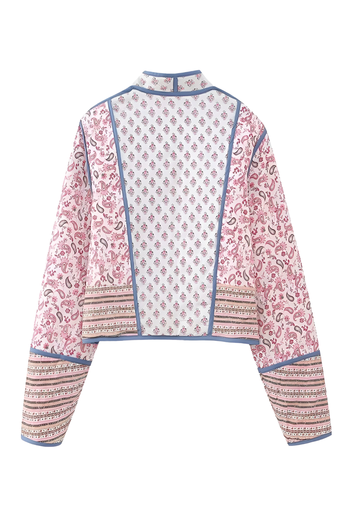 Pink - Women's open-front quilted jacket featuring a pink and white floral block print, contrasting blue edge binding, and diamond stitching, worn over a white tee and light wash jeans.