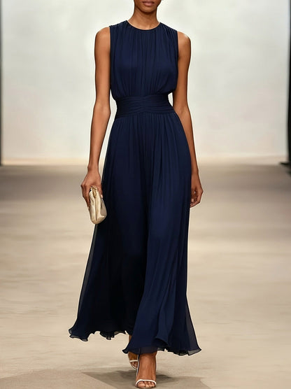 Chiffon Pleated High Neck Maxi Dress