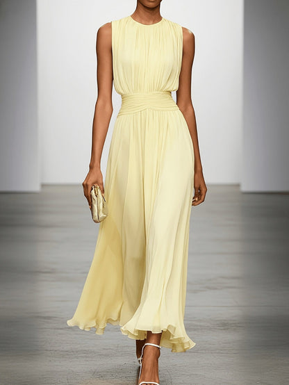Chiffon Pleated High Neck Maxi Dress