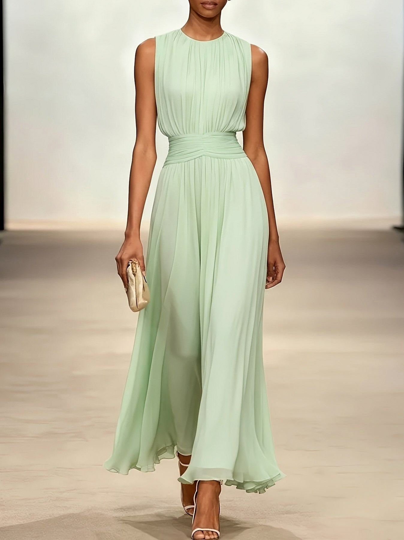 Chiffon Pleated High Neck Maxi Dress