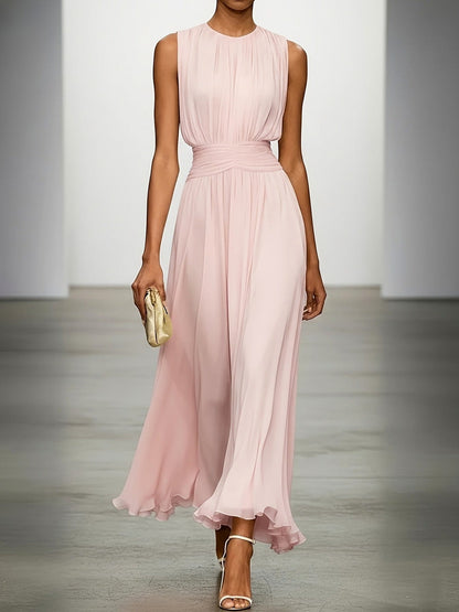 Chiffon Pleated High Neck Maxi Dress