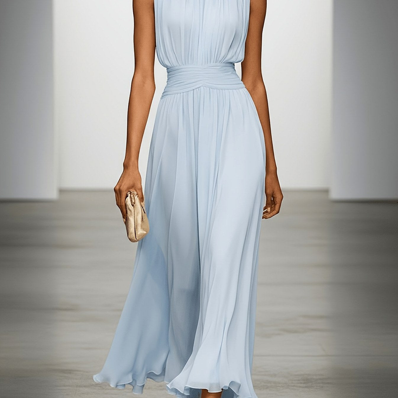 Chiffon Pleated High Neck Maxi Dress