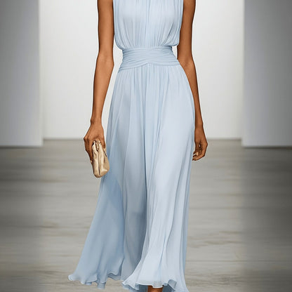 Chiffon Pleated High Neck Maxi Dress