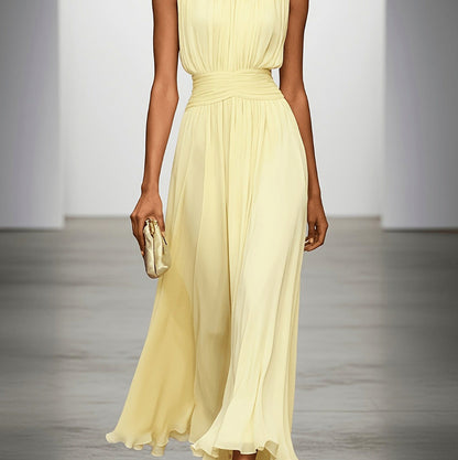 Chiffon Pleated High Neck Maxi Dress