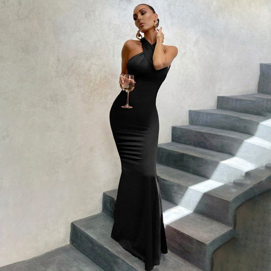 Cross Halter Formal Maxi Dress
