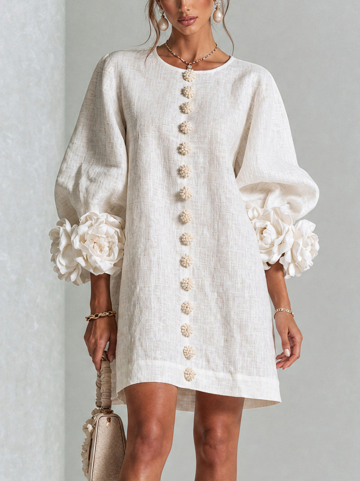 Long Balloon Sleeve 3D Flower Mini Dress