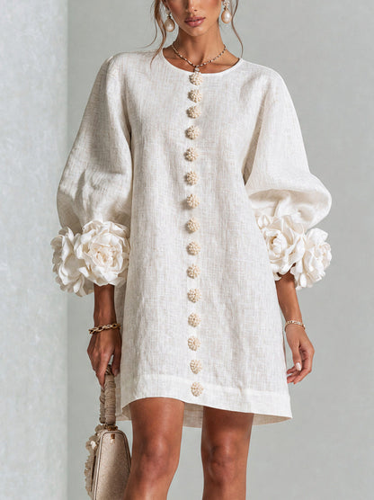 Long Balloon Sleeve 3D Flower Mini Dress