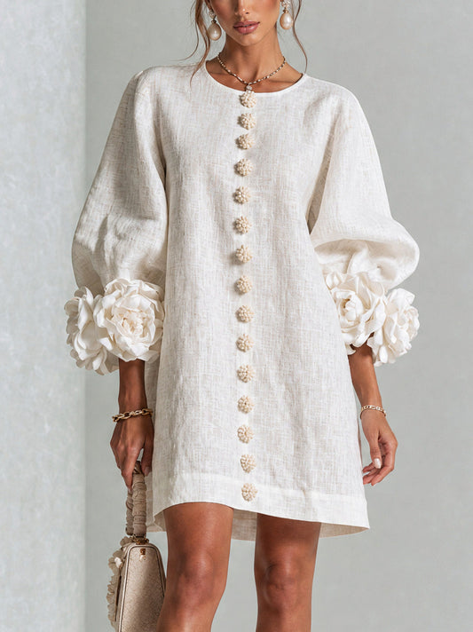 Long Balloon Sleeve 3D Flower Mini Dress