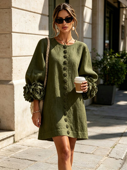 Long Balloon Sleeve 3D Flower Mini Dress