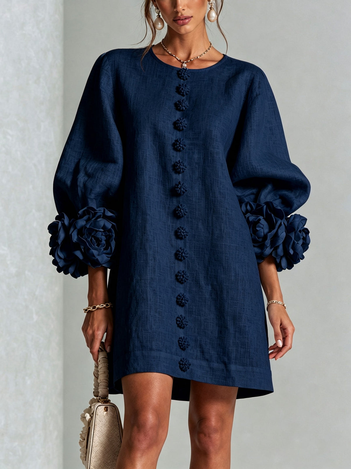 Long Balloon Sleeve 3D Flower Mini Dress