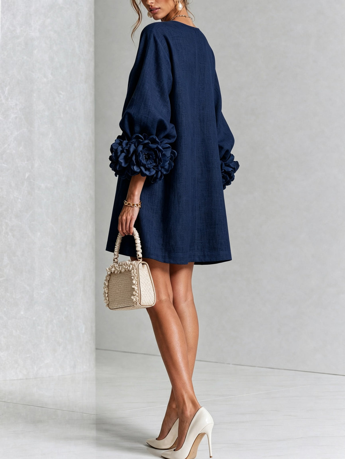 Long Balloon Sleeve 3D Flower Mini Dress