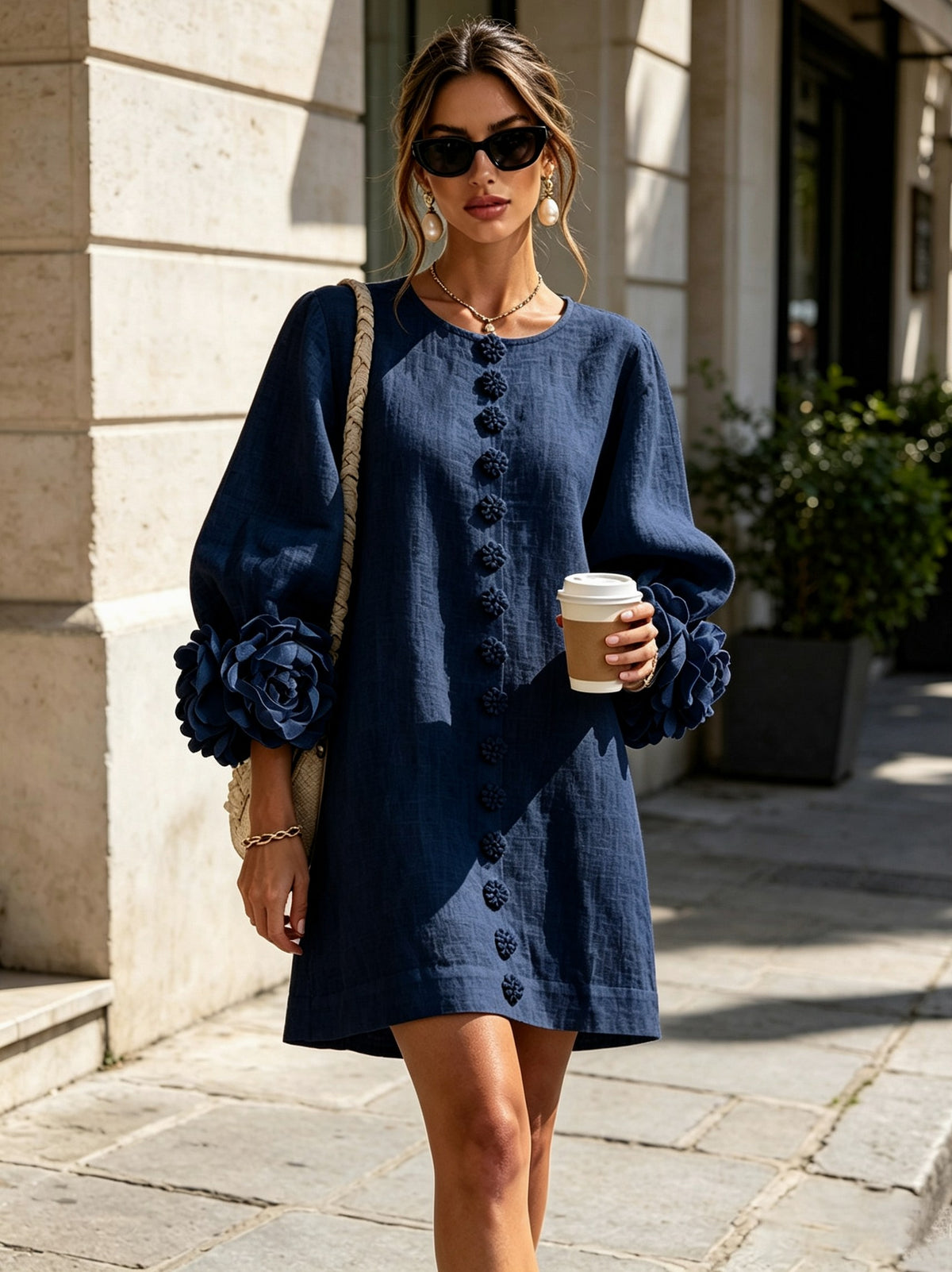 Long Balloon Sleeve 3D Flower Mini Dress