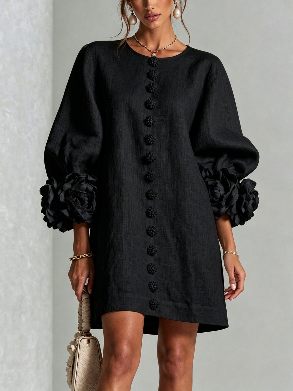 Long Balloon Sleeve 3D Flower Mini Dress