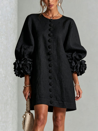 Long Balloon Sleeve 3D Flower Mini Dress