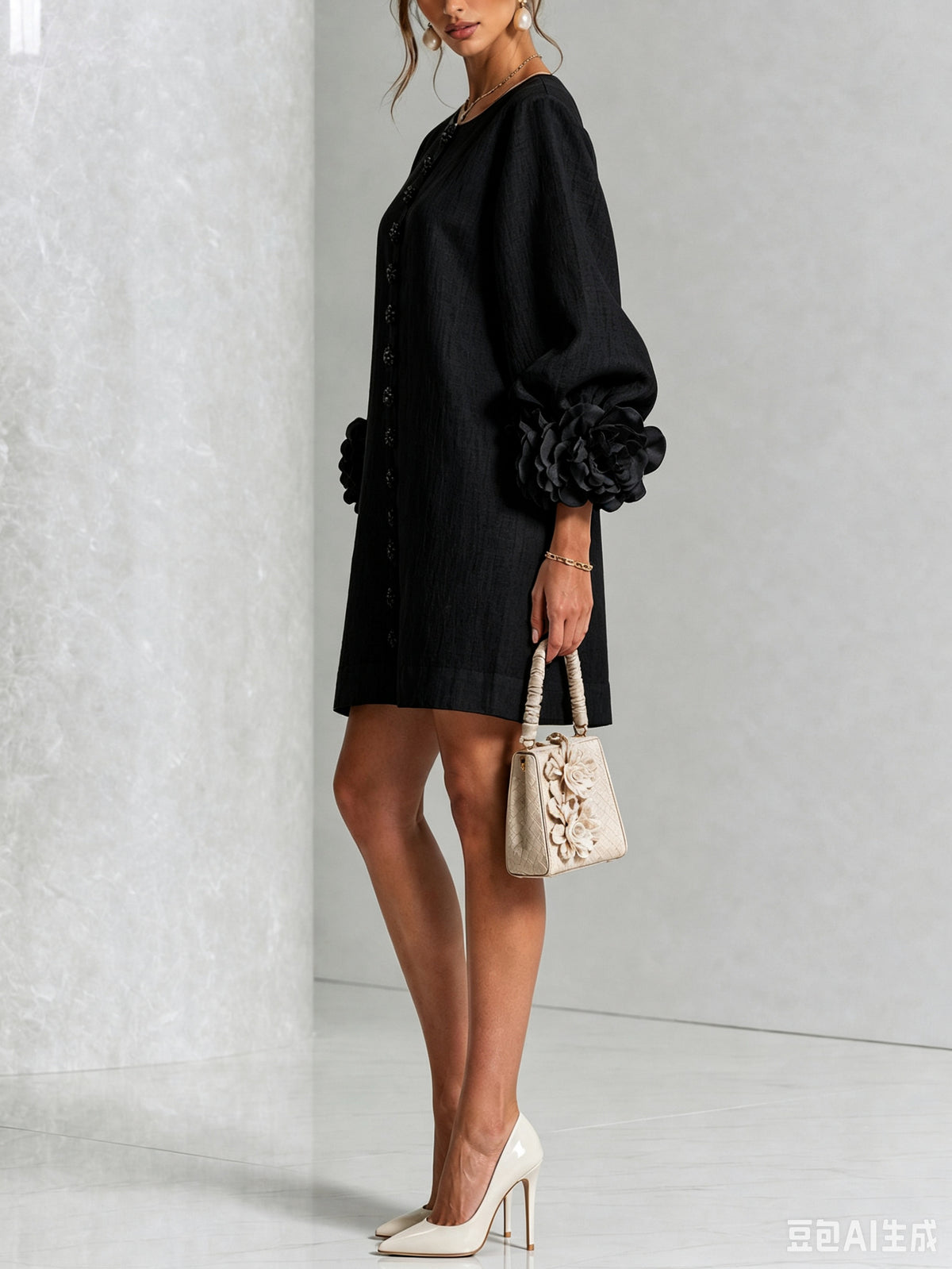 Long Balloon Sleeve 3D Flower Mini Dress