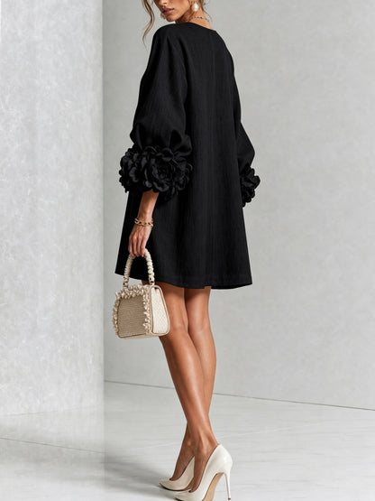 Long Balloon Sleeve 3D Flower Mini Dress
