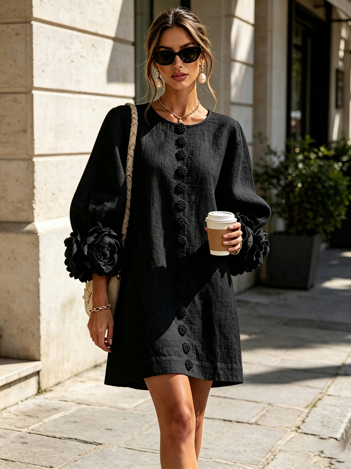 Long Balloon Sleeve 3D Flower Mini Dress