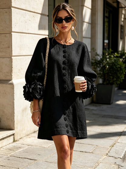 Long Balloon Sleeve 3D Flower Mini Dress