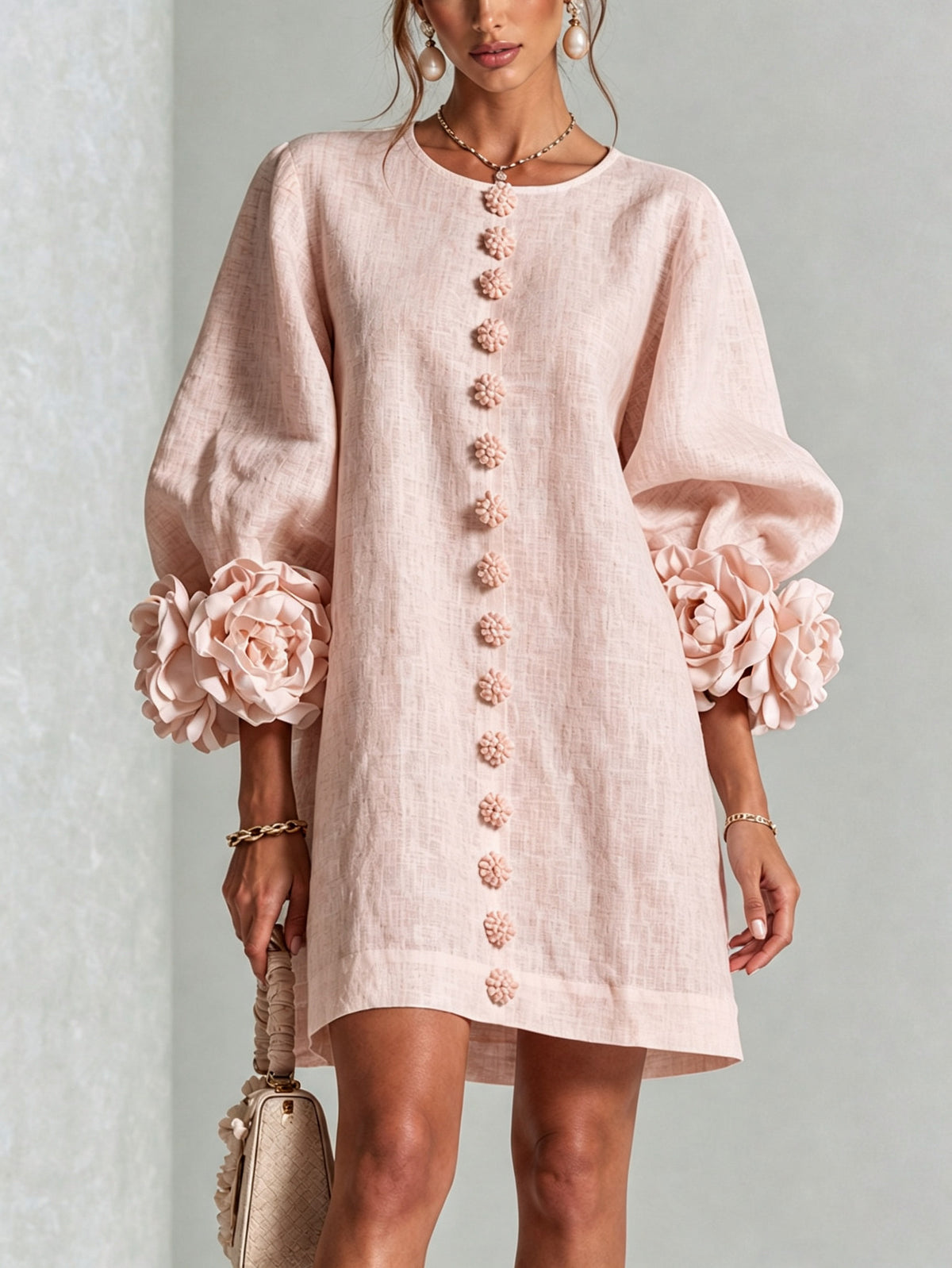 Long Balloon Sleeve 3D Flower Mini Dress