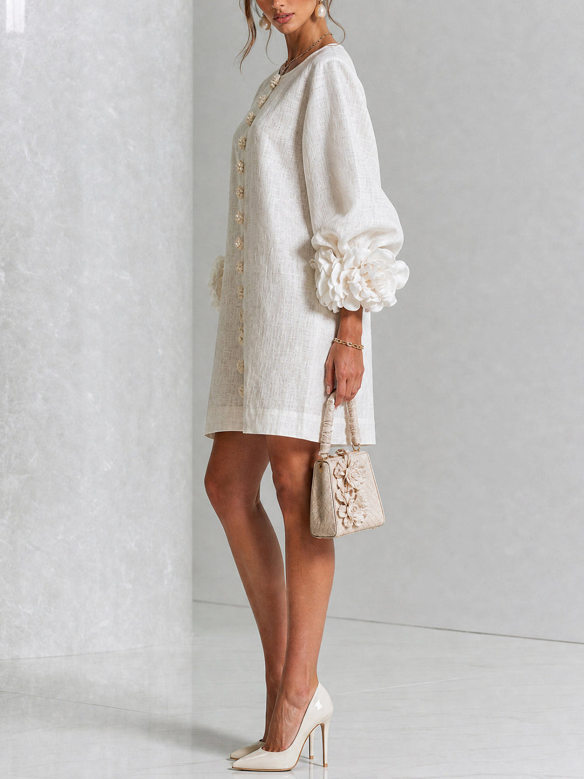 Long Balloon Sleeve 3D Flower Mini Dress