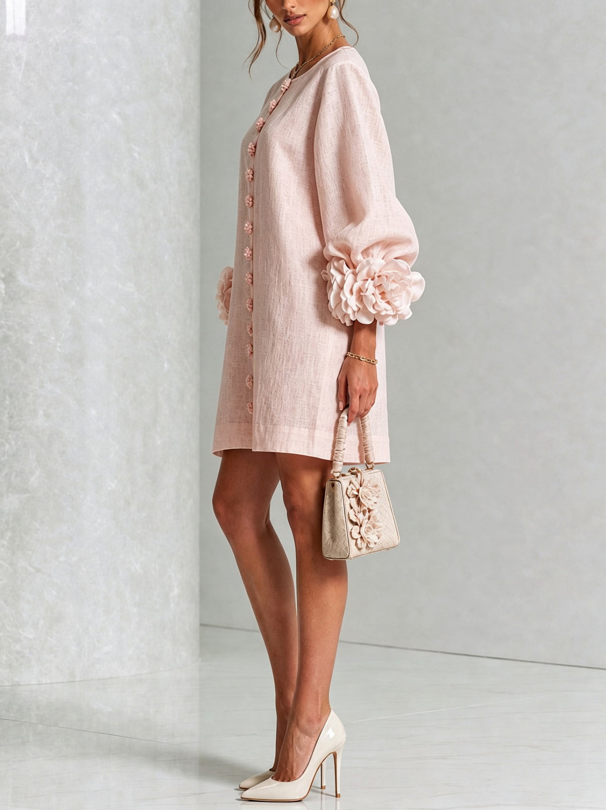 Long Balloon Sleeve 3D Flower Mini Dress