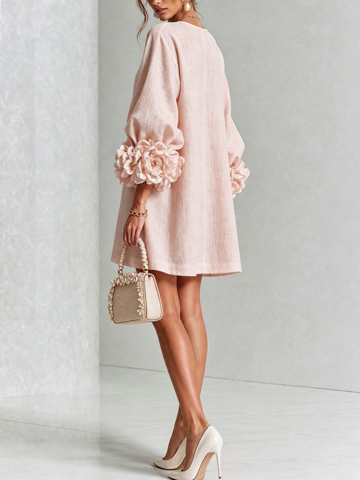 Long Balloon Sleeve 3D Flower Mini Dress