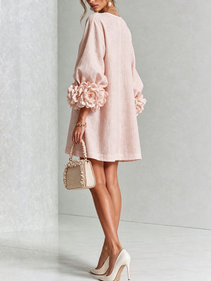 Long Balloon Sleeve 3D Flower Mini Dress