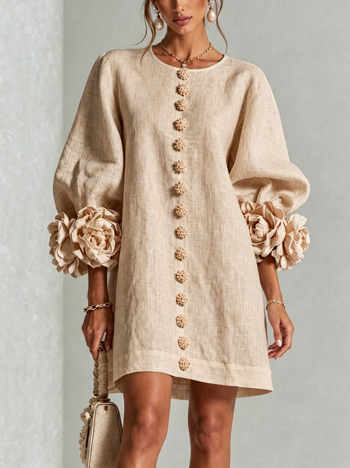 Long Balloon Sleeve 3D Flower Mini Dress