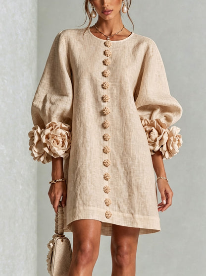 Long Balloon Sleeve 3D Flower Mini Dress